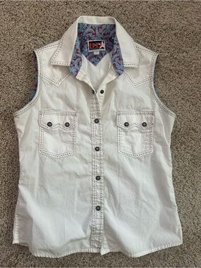 B&D White Sleeveless Button-Down Shirt with Blue & Red Paisley Trim